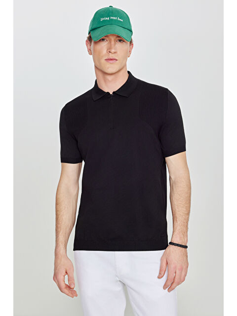 Altınyıldız Classics Erkek Siyah Standart Fit Normal Kesim Polo Yaka Jakarlı Triko Tişört