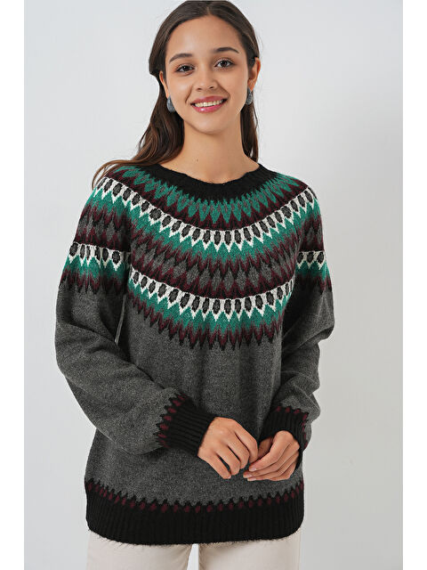 Bigdart Kadın Desenli Triko Kazak 15932 - Antrasit - S000421814-29666