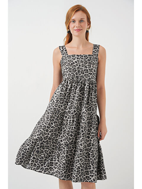 Bigdart Kadın Desenli Askılı Midi Elbise 2577 - Antrasit - S000421816-29666