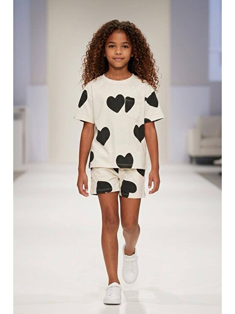 Monila Kız Çocuk Pamuklu Kalp Baskılı T-Shirt Ve Şort Alt Üst Takım