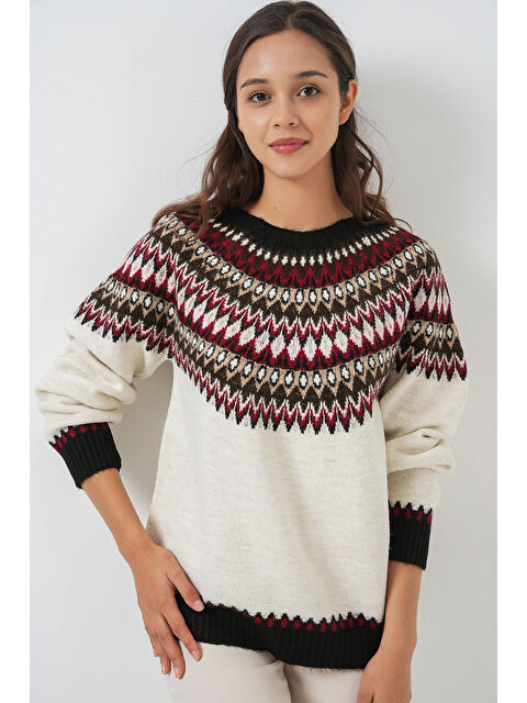 Bigdart Kadın Desenli Triko Kazak 15932 - Ekru - S000421814-19965