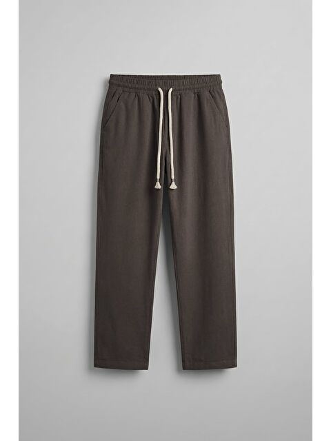 Abluka Online Erkek Baggy Fit Halat Kordonlu Keten Görünümlü Pantolon Kahverengi