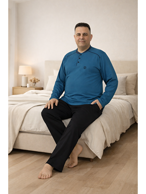 Formo PREMIUM Erkek %100 Doğal Pamuk Biyeli Yüksek Kaliteli Düğmeli Uzun Kollu Battal Pijama Takımı