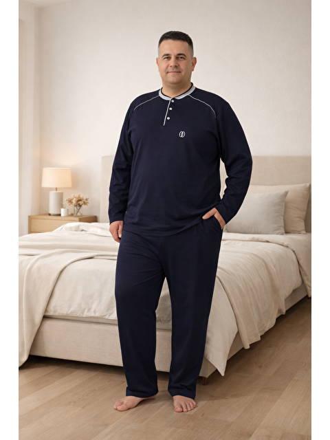 Formo PREMIUM Erkek %100 Doğal Pamuk Biyeli Yüksek Kaliteli Düğmeli Uzun Kollu Battal Pijama Takımı
