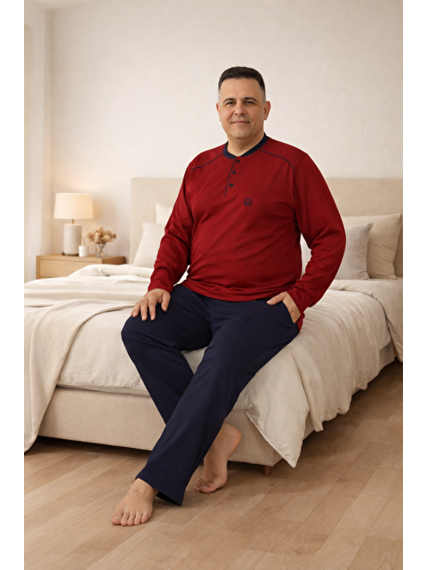 Formo PREMIUM Erkek %100 Doğal Pamuk Biyeli Yüksek Kaliteli Düğmeli Uzun Kollu Battal Pijama Takımı