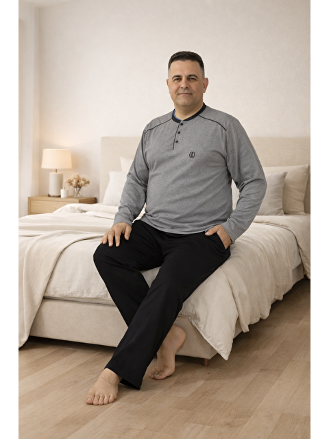 Formo PREMIUM Erkek %100 Doğal Pamuk Biyeli Yüksek Kaliteli Düğmeli Uzun Kollu Battal Pijama Takımı