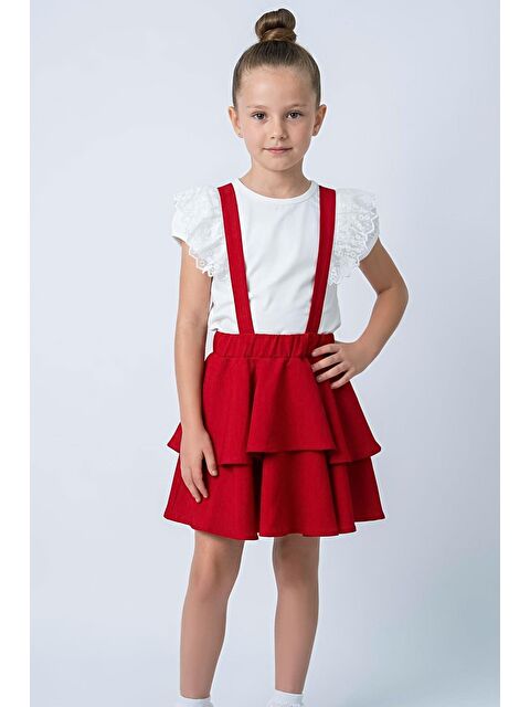 Breeze Kız Çocuk Bahçıvan Salopet Takım Dantel Kollu Fiyonk Detaylı Ekru (6-12 Yaş)