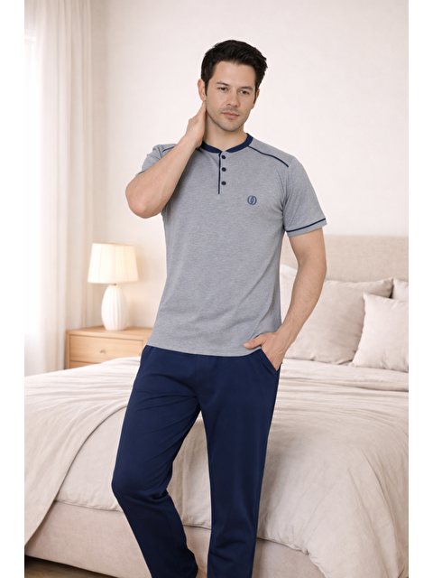 Formo PREMIUM Erkek %100 Doğal Pamuk Biyeli Yüksek Kaliteli Düğmeli Kısa Kollu Pijama Takımı