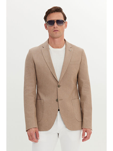 AC&Co / Altınyıldız Classics Erkek Vizon Pamuklu Keten Dar Kesim Mono Yaka Torba Cepli Ceket - S000516421-26429