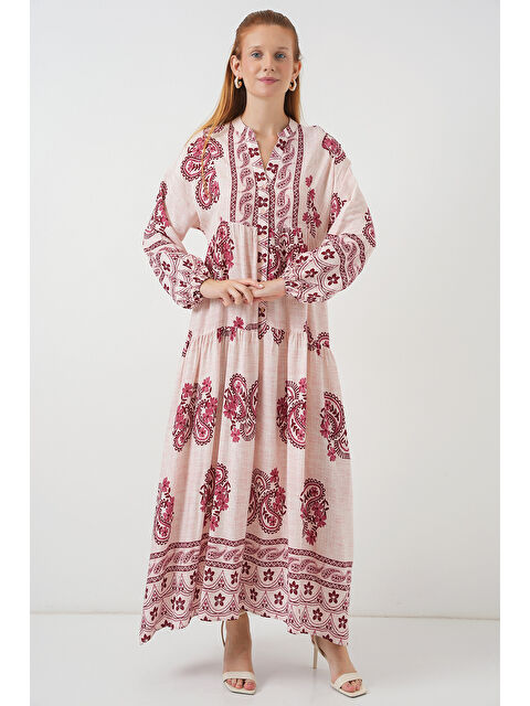 Bigdart Kadın Desenli Uzun Tesettür Elbise 2585 - B.Kırmızı - S000407394-37333