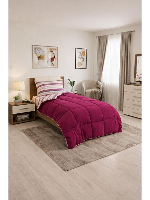 Çeyiz Diyarı Sherpa Pelüş Tek Kişilik Lastikli Çarşaflı Comforter Set Mürdüm