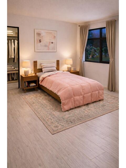 Çeyiz Diyarı Sherpa Pelüş Tek Kişilik Lastikli Çarşaflı Comforter Set Pudra