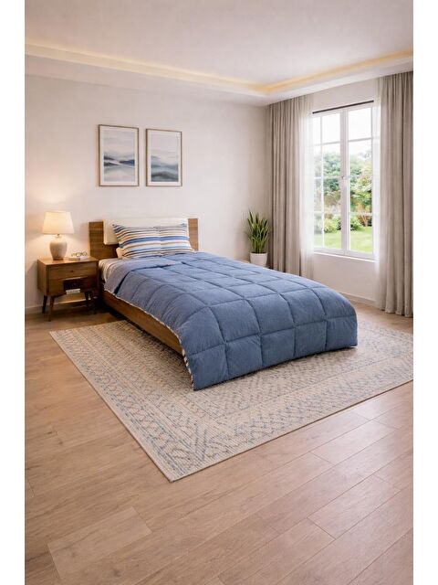 Çeyiz Diyarı Sherpa Pelüş Tek Kişilik Lastikli Çarşaflı Comforter Set Mavi
