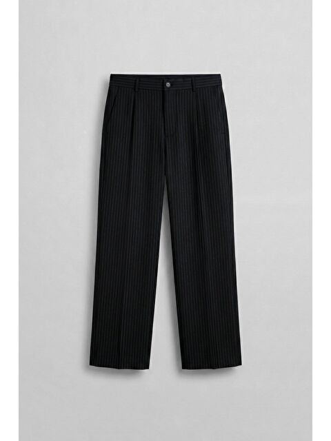 Abluka Online Erkek Premium Relaxed Fit Çizgili Takım Pantolonu Siyah