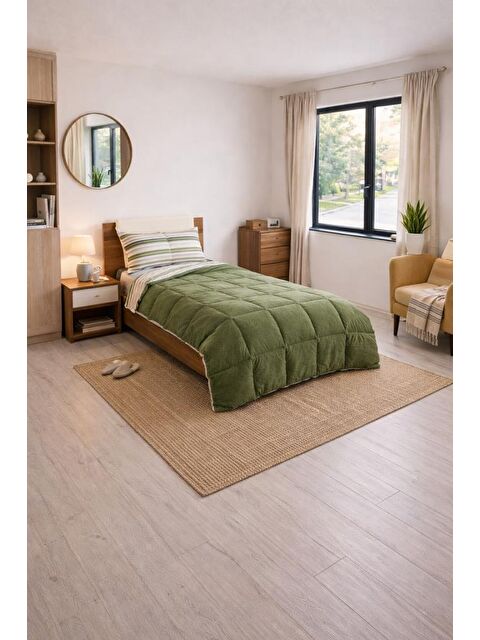 Çeyiz Diyarı Sherpa Pelüş Tek Kişilik Lastikli Çarşaflı Comforter Set Haki