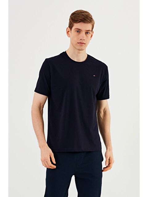 Mmetalic Erkek Bisiklet Yaka Büyük Beden Tişört %100 Pamuk Nakış Detaylı Basic Lacivert Büyük Beden Tişört - S000232140-21164