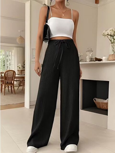 Jane's Kadın Yüksek Bel önden Bağlamalı Geniş Kesim Keten Pantolon