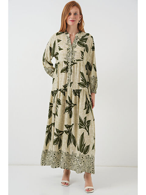 Bigdart Kadın Desenli Uzun Tesettür Elbise 2585 - E.Yeşil - S000407394-37469