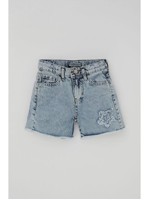 Breeze Kız Çocuk Jean Şort Yıldız Nakışlı Paçası Püskül Detaylı Açık Mavi (5-9 Yaş)