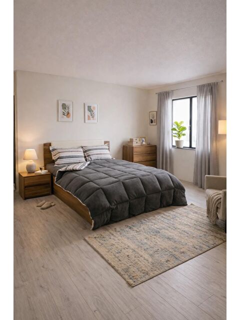 Çeyiz Diyarı Sherpa Pelüş Çift Kişilik Lastikli Çarşaflı Comforter Set Antrasit