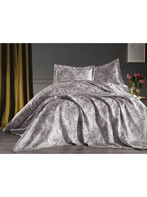 Çeyiz Diyarı Palma Jakarlı Şönil Çift Kişilik Pike Seti Gri