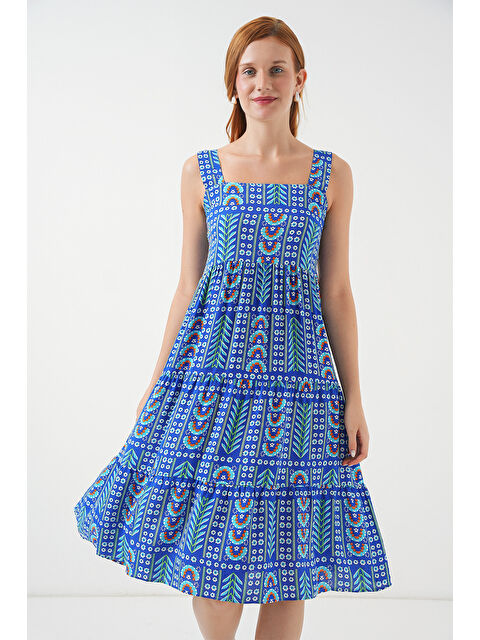 Bigdart Kadın Desenli Askılı Midi Elbise 2577 - Saks - S000421816-23710