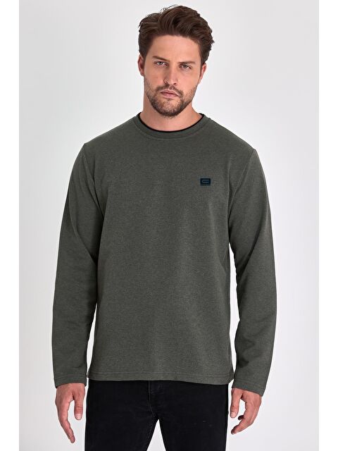 Mmetalic Erkek Haki Çift Bisiklet Yaka Baskı Detaylı Standart Rahat Kesim Büyük Beden Sweatshirt - S000232141-18547