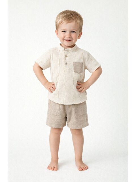 Kidex's Tarz Gömlek Çizgi Desenli Belden Ayarlanabilir Kısa Kollu Şortlu 2'li Takım Çocuk ve Bebek Giyi