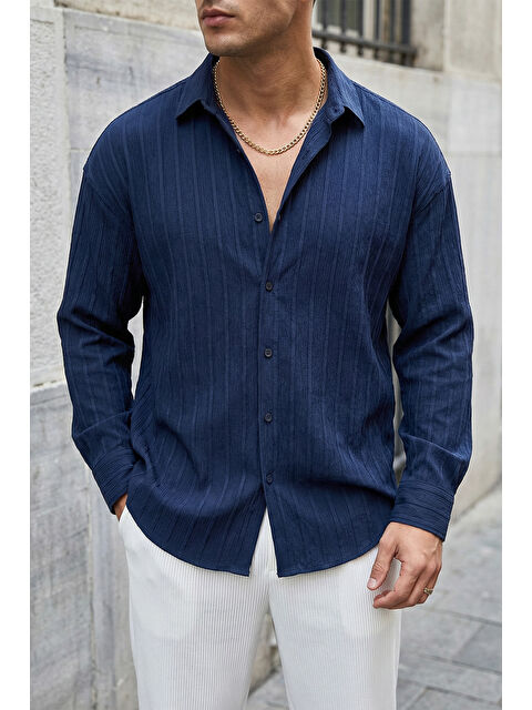 Livio Ferri Maze Premium Oversize Erkek Gömlek Dokulu Çizgili