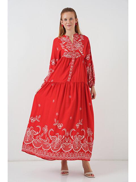 Bigdart Kadın Desenli Uzun Tesettür Elbise 2585 - D.Kırmızı - S000407394-37328