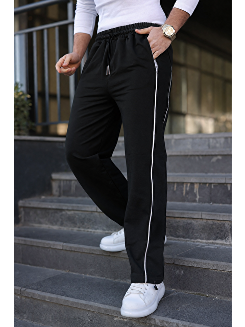 Comstar Erkek Günlük Yazlık Çizgili Bol Siyah Eşofman Altı