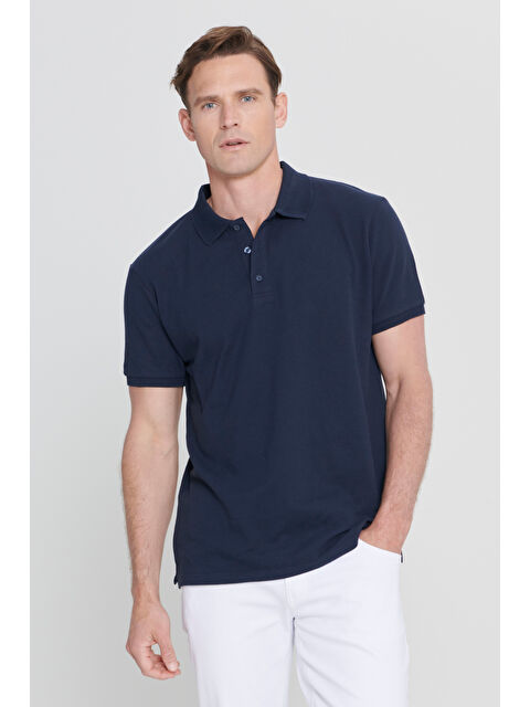 AC&Co / Altınyıldız Classics Erkek Prusya Lacivert Slim Fit Dar Kesim Polo Yaka %100 Pamuk Kısa Kollu Tişört - S000394291-21164