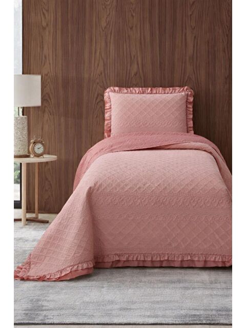 Çeyiz Diyarı Roma Elyaf Dolgulu Tek Kişilik 180x240 Cm Yatak Örtüsü Pudra