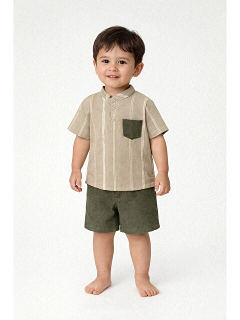 Kidex's Tarz Gömlek Çizgi Desenli Belden Ayarlanabilir Kısa Kollu Şortlu 2'li Takım Çocuk ve Bebek Giyi