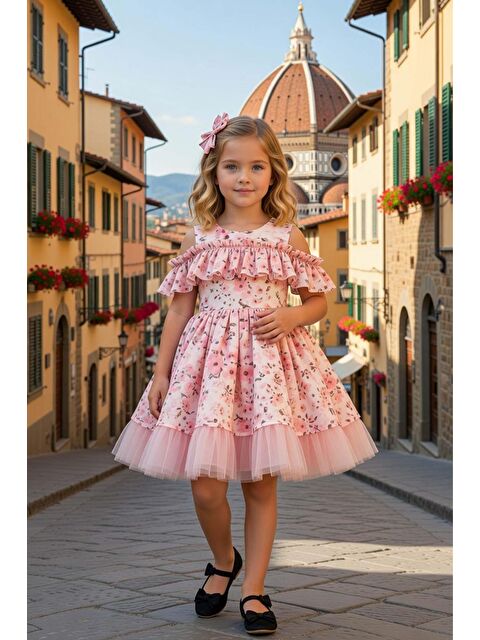 Riccotarz Kız Çocuk Düşük Omuzlu Bisiklet Yaka ve Fırfırlı Çiçek Desneli Somon Abiye - S000517262-24085