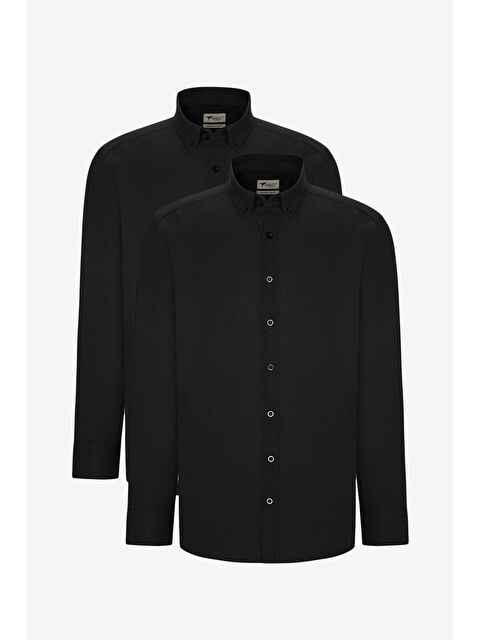 AC&Co / Altınyıldız Classics Erkek Siyah 2'li Pamuklu Kolay Ütülenebilir Slim Fit Dar Kesim Oxford Gömlek Paketi - S000394292-19351