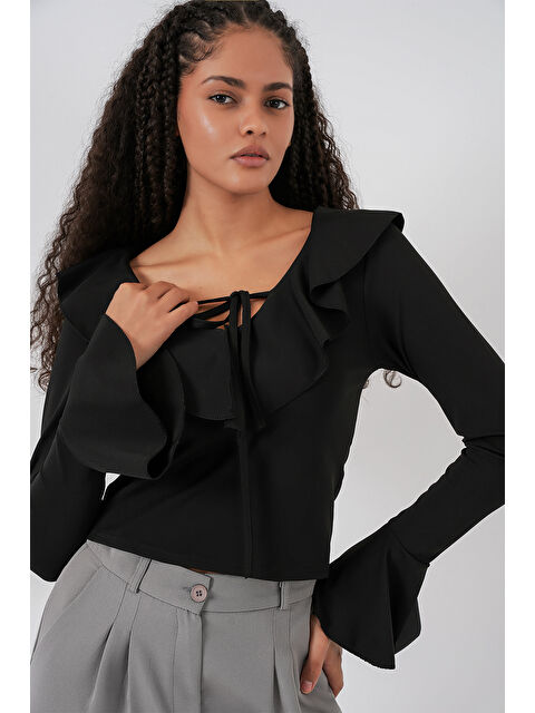 Bigdart Kadın Uzun Kol Crop Bluz 979 - Siyah - S000461386-19351