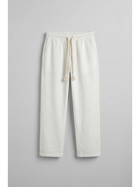 Abluka Online Erkek Baggy Fit Halat Kordonlu Keten Görünümlü Pantolon Ekru