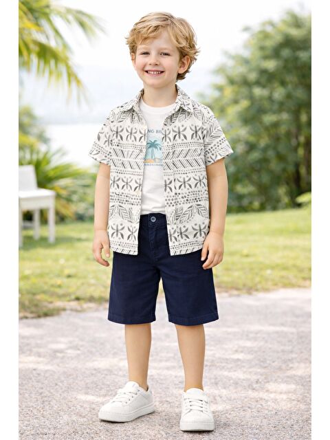 cassolını Tarz Gömlek Yaprak Desenli Belden Ayarlanabilir Kısa Kollu Şortlu 3'lü Takım Çocuk ve Bebek Giy