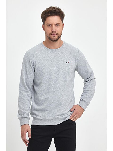 Mmetalic Erkek Gri Bisiklet Yaka Nakış Detaylı Regular Fit Büyük Beden Sweatshirt - S000232147-20600