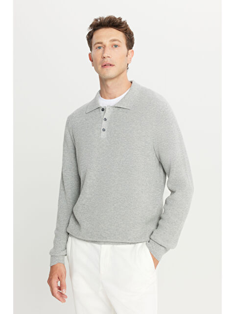 Altınyıldız Classics Erkek Açık Gri-Melanj Yünlü Standart Fit Normal Kesim Polo Yaka Triko Kazak