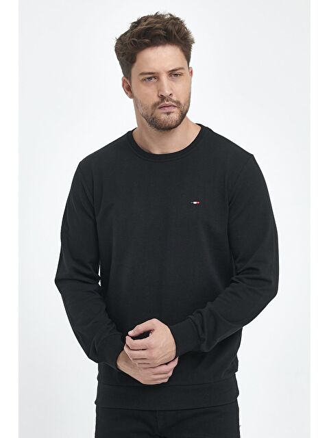 Mmetalic Erkek Siyah Bisiklet Yaka Nakış Detaylı Regular Fit Büyük Beden Sweatshirt - S000232147-19351