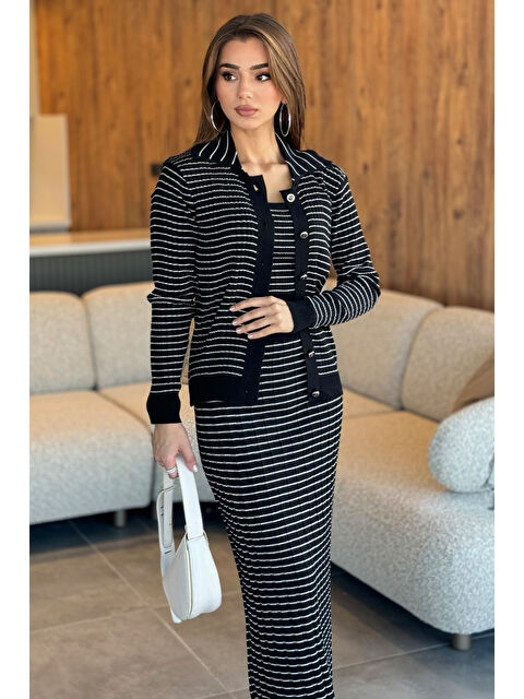 Gülseli Kadın Çizgili Crop Bluz Kazak Etek Triko Üçlü Takım - S000289829-19351