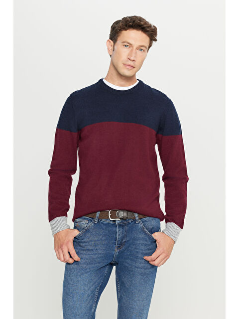 Altınyıldız Classics Erkek Bordo-Lacivert Standart Fit Normal Kesim Bisiklet Yaka Triko Kazak