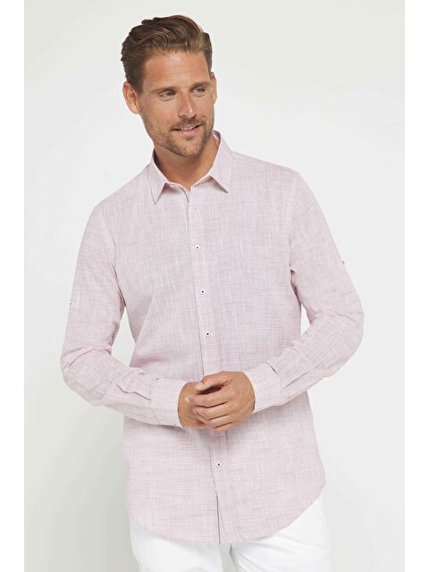 TUDORS Erkek Slim Fit Dar Kesim Uzun Kollu %100 Pamuk Keten Doku Apoletli Bordo Gömlek
