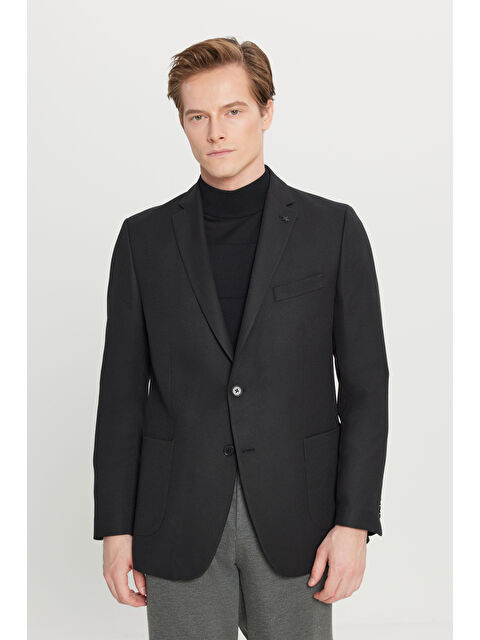 Altınyıldız Classics Erkek Siyah Slim Fit Dar Kesim Mono Yaka Torba Cepli Armürlü Blazer Ceket