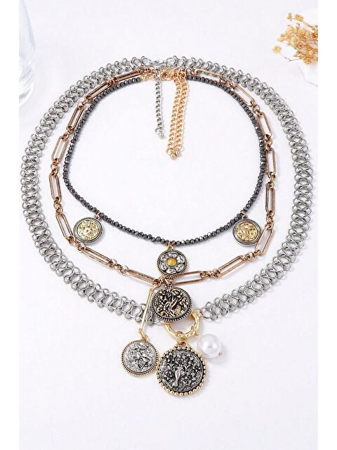 New Obsessions Marka Antik Gümüş 3 Sıralı Madalyon Kolye - S000486952-20076