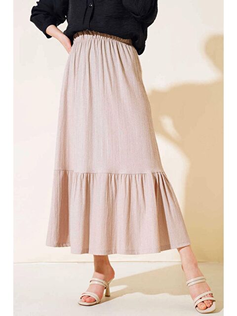 Hazelin Kadın Bej Beli Lastikli Katlı Uzun Etek HZL23S-BD118861 - S000123200-19928