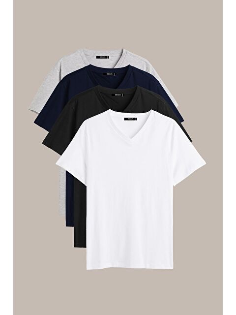 Mmetalic Erkek Çok Renkli %100 Pamuk TişörtRegular Fit Rahat Kesim V Yaka 4'lü Basic %100 Pamuk Tişört Paketi - S000232148-23173