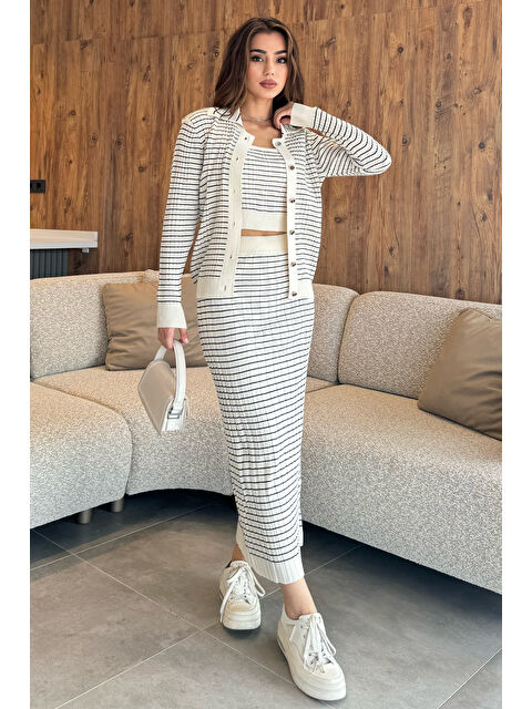 Gülseli Kadın Çizgili Crop Bluz Kazak Etek Triko Üçlü Takım - S000289829-25636